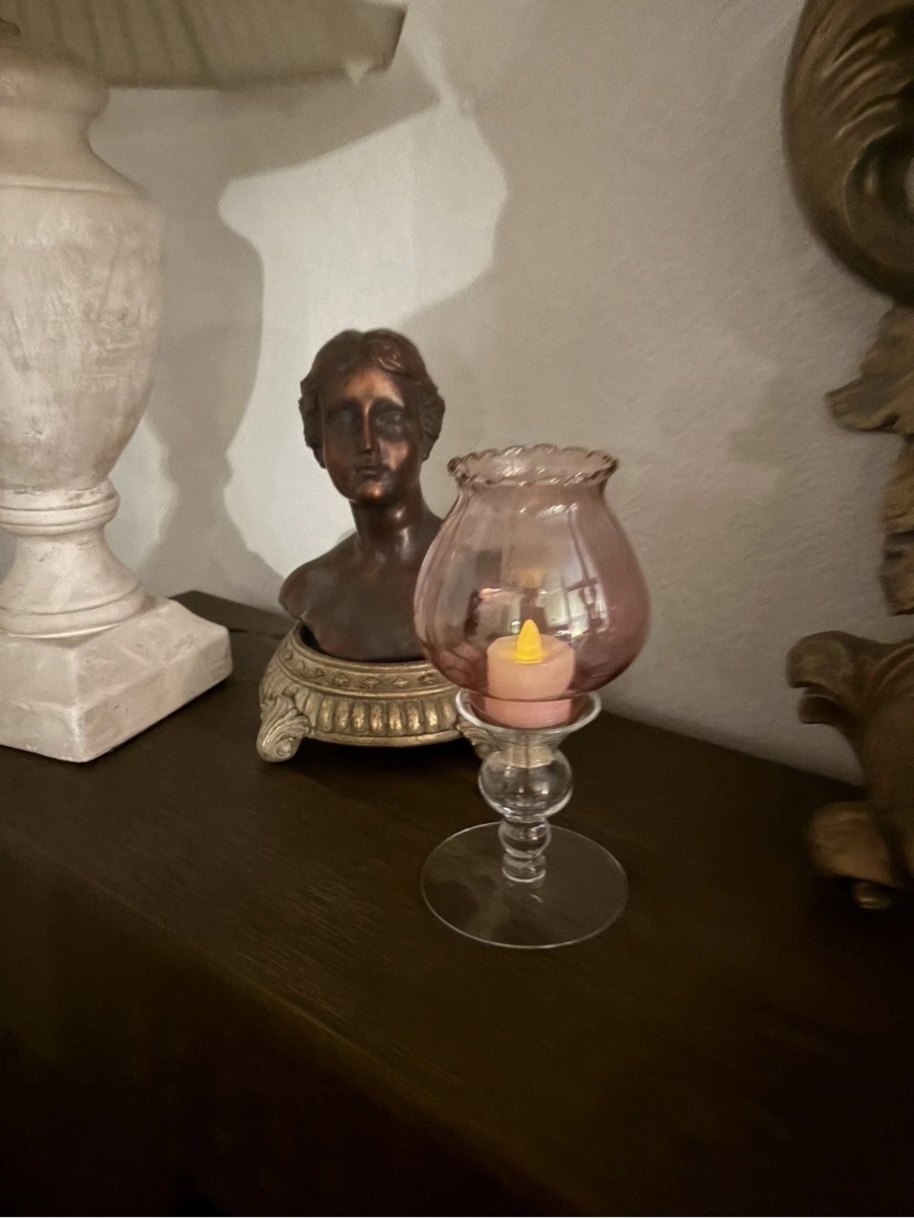 Pink Glass Hurricane Candle Holder with Clear Stem - Home Accents